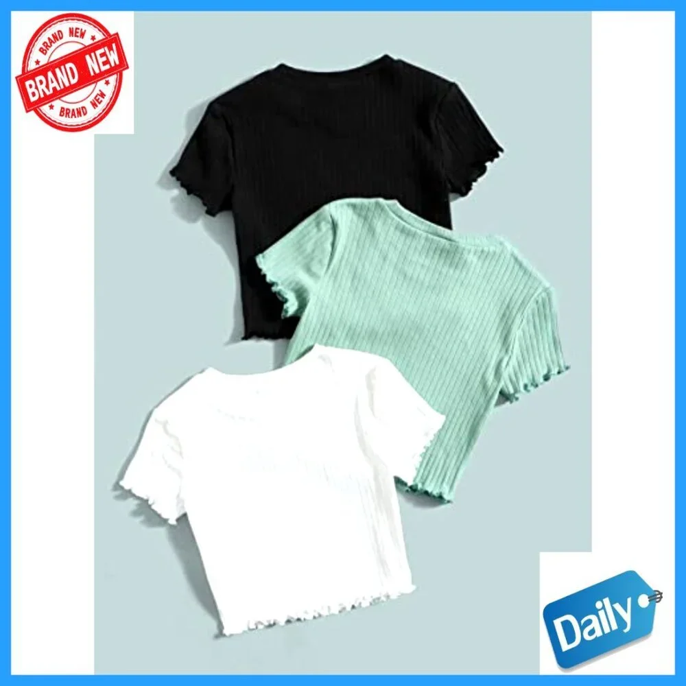 Girls 3-Piece Rib Knit Crop Top Set with Lettuce Trim